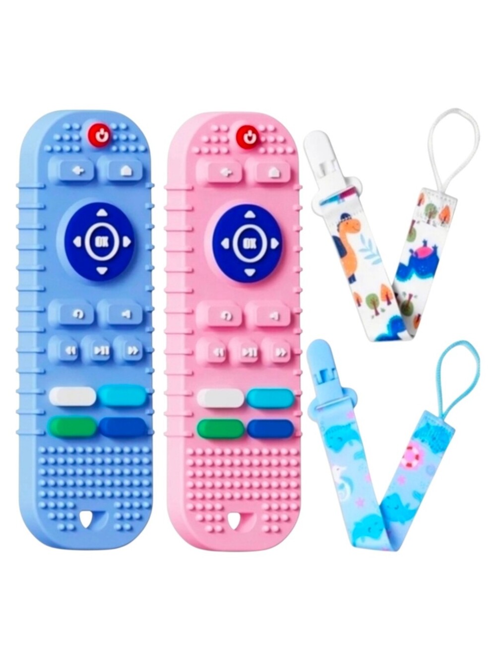 Baby Teething Silicone Remotes 2 Pack with Pacifier Clip Tethers - Blue and Pink
